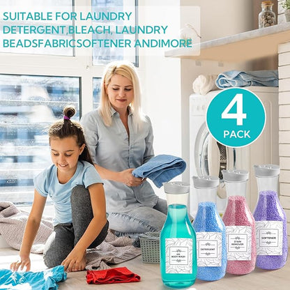 4 Pack Laundry Bottles 53oz Plastic Liquid Detergent Dispenser with 20 Label Laundry Room Organization for Liquid Powder Bleach Scent Booster Beads Soap Fabric Softener