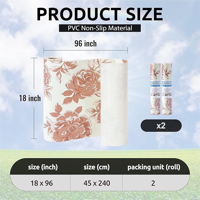 FIFTY FEET 18X96 Inch Shelf Liner for Kitchen Cabinets, PVC Drawer Liner for Dresser Non-Slip Bathroom, Non-Adhesive Cabinet Liner Washable (Red Flower)(2 Roll)