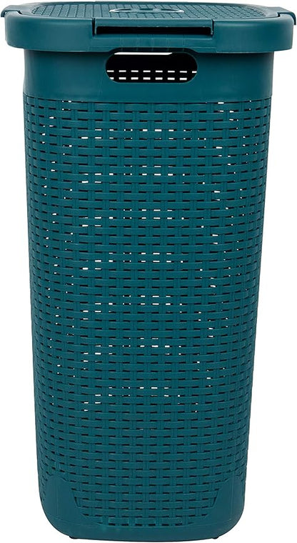 Mind Reader Slim Laundry Hamper with Lid, 60L Clothes Basket, Premium Wicker Design, Plastic, Blue