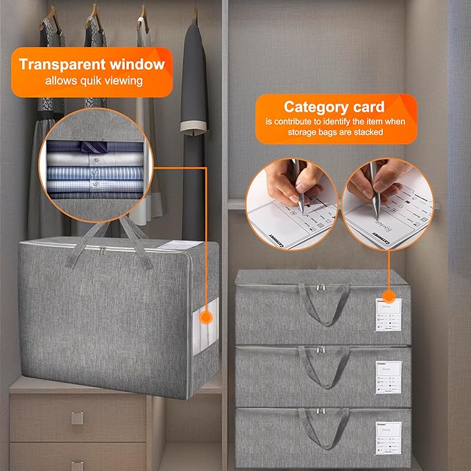 Karceyworth 2 Pack 85L Comforter Storage Bags, Extra Large Bedding Storage Bags with Category Card and Clear Window, Reinforced Handles & Zippers, Foldable Closet Organizers for Blanket Pillow