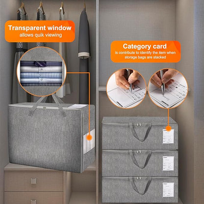 Karceyworth 2 Pack 85L Comforter Storage Bags, Extra Large Bedding Storage Bags with Category Card and Clear Window, Reinforced Handles & Zippers, Foldable Closet Organizers for Blanket Pillow