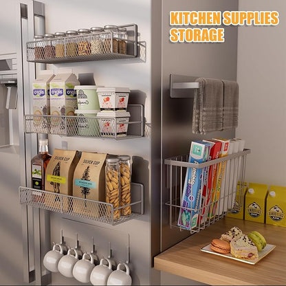 Laundry Organizer with Hanger 6-Pack, Magnetic Shelves for Washing Machine, Magnetic Refrigerator Shelves, Magnet Holder & Baskets, Metal Storage System for Laundry Room, Grey