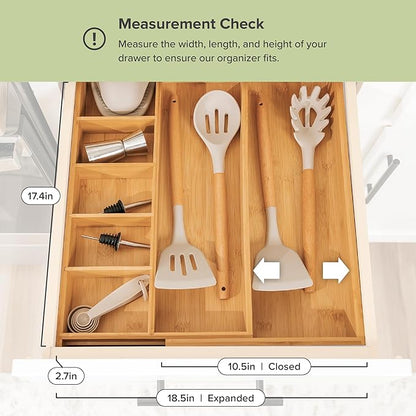 KitchenEdge Adjustable Kitchen Drawer Organizer for Utensils and Junk, Food-Safe Contract Grade with 100% Sustainable Wood, Expandable from 10.5 to 19 Inches Wide - Natural Bamboo
