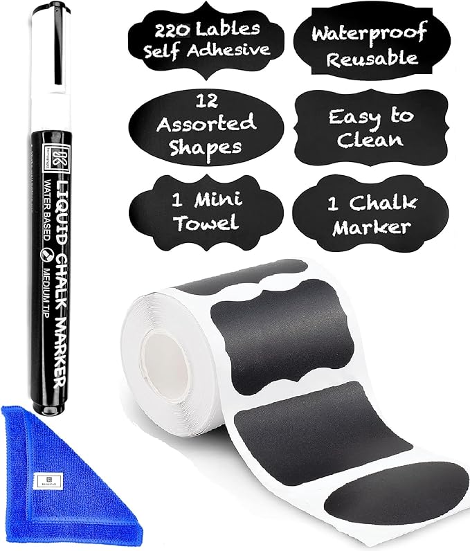 Chalkboard Labels Roll for Jars 220pcs - Waterproof Reusable Chalk Sticker Labels for Containers Storage Jars in 12 Unique Shapes - Includes Erasable Liquid Chalk Marker & Mini Towel