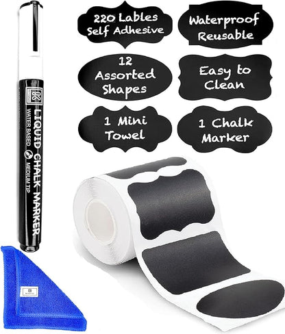 Chalkboard Labels Roll for Jars 220pcs - Waterproof Reusable Chalk Sticker Labels for Containers Storage Jars in 12 Unique Shapes - Includes Erasable Liquid Chalk Marker & Mini Towel
