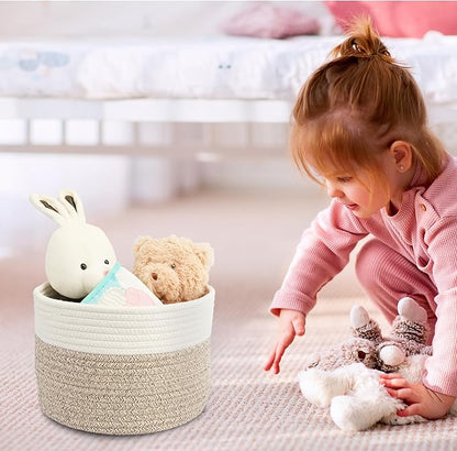 Woven Cotton Storage Baskets - 3-Pack Round Bins (10x10x7'') for Shelves, Closets & Bookcases | Durable Rope Organizers for Nursery, Baby, Toys, Easter & More white and brown