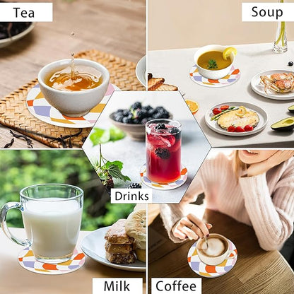 Drink Coasters for Drinks Set of 6,Retro Wavy Absorbent Round Ceramic Stone Mat Coaster, with Cork Base and Metal Holder, Home Bar Decor House Warming Gift