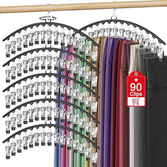 6 Pack Legging Organizer for Closet Hanging, Pants Hangers with Clips Holds 95 Leggings, Shorts, Skirts, Jeans, Hats, Pants Hangers Space Saving Clothes Racks Closet Organizers and Storage, Black