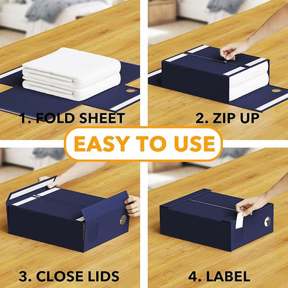 SpaceAid 3 Pack Bed Sheet Organizers and Storage, Foldable Sheet Organizer for Linen Closet, Sheets Set Folder Keeper with Window XL (Queen & King Size) Bedding Container (Navy Blue, 3 Pack)