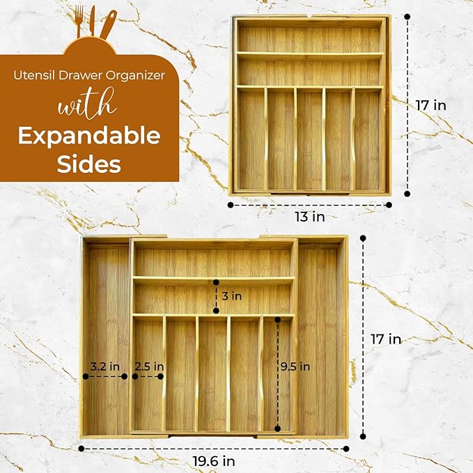 Bamboo Drawer Organizer | Expandable Silverware & Utensil Organizer for Kitchen | Flatware Cutlery Tray with Adjustable Dividers | Wooden Drawer for Knives, Spoons & Forks | Natural Bamboo