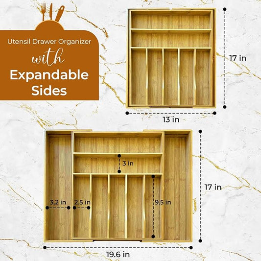 Bamboo Drawer Organizer | Expandable Silverware & Utensil Organizer for Kitchen | Flatware Cutlery Tray with Adjustable Dividers | Wooden Drawer for Knives, Spoons & Forks | Natural Bamboo