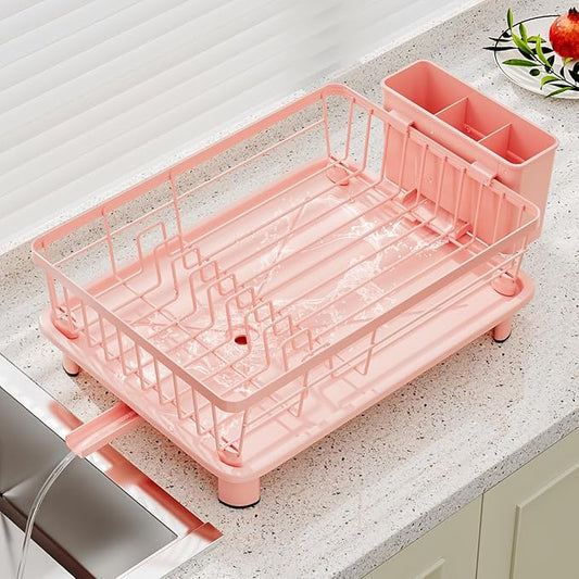 BULIJUJU Small Dish Drying Rack, Space Saving Dish Racks for Kitchen Counter, Kitchen Organizer Dish Drainer with Cutlery Holder for Spoons and Forks, 11''W x 15''L, Pink