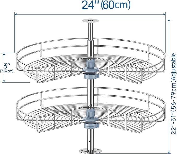 24" Kidney Corner Cabinet Lazy Susan for Kitchen, Adjustable Height Replacement Shelves for Corner Cabinet, Chrome Silver (Cannot be Door-Mounted)