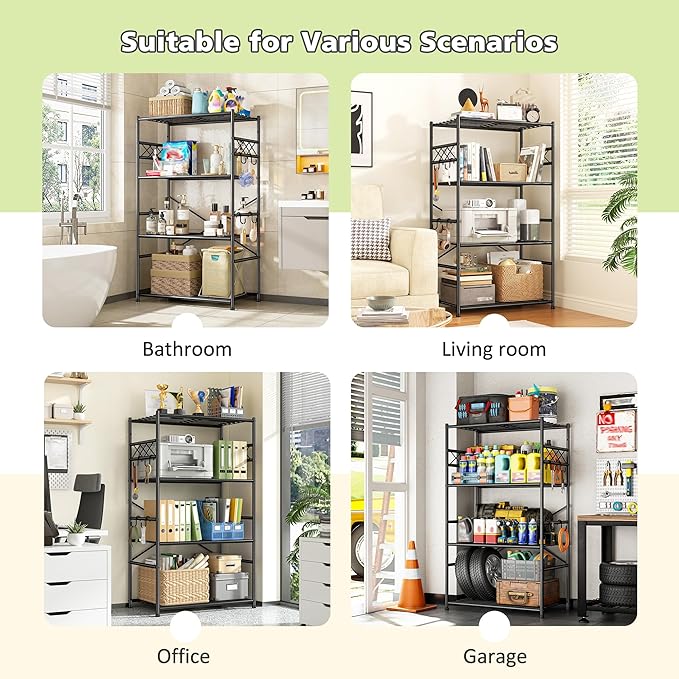 Storage Shelves 4 Tier Shelf Organizer,Metaling Shelving with Hooks,Heavy Duty Garage Shelves Unit with Leveling Feet,Wire Shelving for Pantry,Kitchen and Closet,23.6" W x 13.8" D x 60.4" H