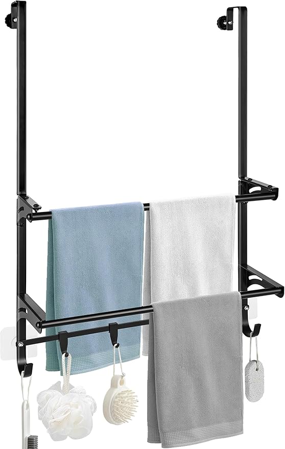 Over The Door Towel Rack, 2-Tier Bathroom Towel Rack with 6 Hooks for Door Hanging, Behind Door Towel Bar Towel Storage Holder for Small Bathroom, 16.1" L x 5.1" Wx 24.2" H