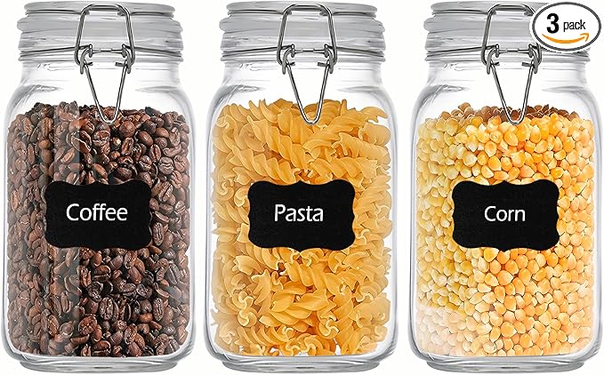50oz Square Glass Food Storage Jars Storage Container with Clear Preserving Seal Wire Clip Fastening for Kitchen Canning Flour, Cereal, Pasta, Sugar, Beans