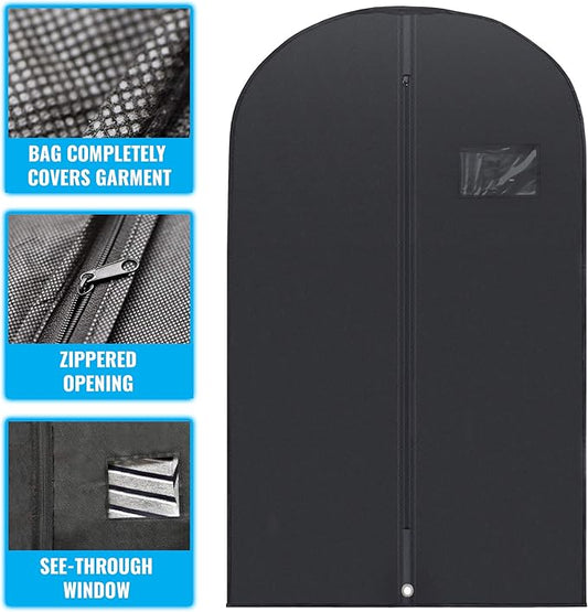 Plixio Garment Bags Suit Bag for Travel and Clothing Storage of Dresses, Dress Shirts, Coats— Includes Zipper and Transparent Window (Black - 20 pack: 40")