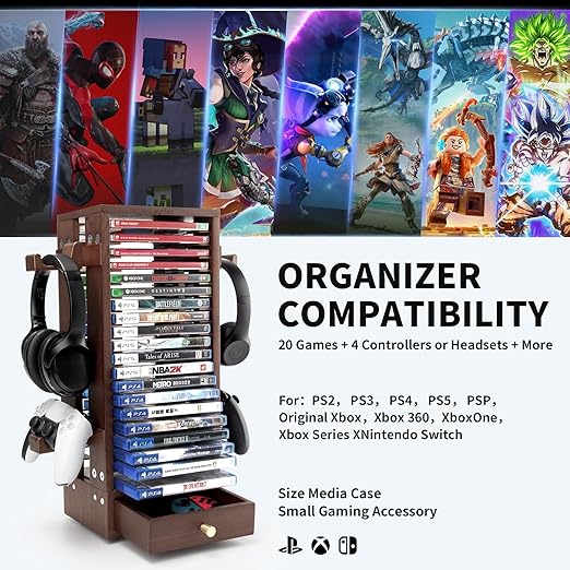 ASFSKY Walnut Wood Game Storage Tower - 20 Games Video Game Organizer & Holder, Universal Video Game Storage Tower with 4 Controller Hooks, Compatible with PS5/PS4/Xbox/Switch - Gamer Gifts