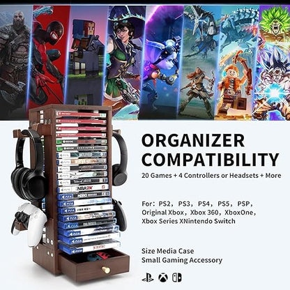 ASFSKY Walnut Wood Game Storage Tower - 20 Games Video Game Organizer & Holder, Universal Video Game Storage Tower with 4 Controller Hooks, Compatible with PS5/PS4/Xbox/Switch - Gamer Gifts