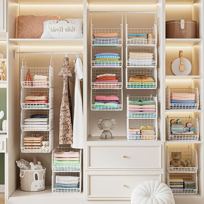 4" Extra Deeper Foldable Hanging Closet Organizer, Small Wire Cabinet Shelves and Storage with 5 S Hooks,4 Tier Metal Basket Bins for Clothes Sweaters Handbags, Wardrobe for Kitchen Laundry Room，White