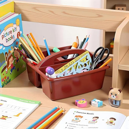 Kathfly 12 Pack Caddy Organizer with Handle, Stackable Organization Storage, Small Plastic Basket Classroom Caddy for Table Desk Office Pencil Kids Room Craft Art Teacher School Supplies (Deep Color)