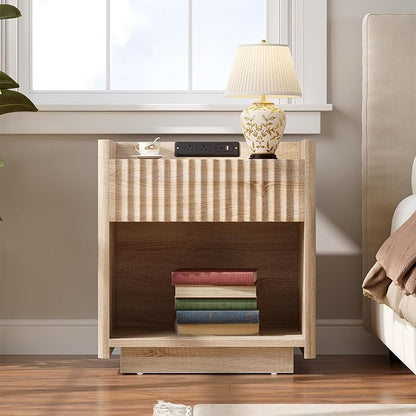 Bigbiglife Fluted Nightstand with Charging Station, 22" Modern Side Table with Drawer End Table with Open Storage, Bedside Table for Bedroom, Living Room, Natural Oak (1, Natural Oak)