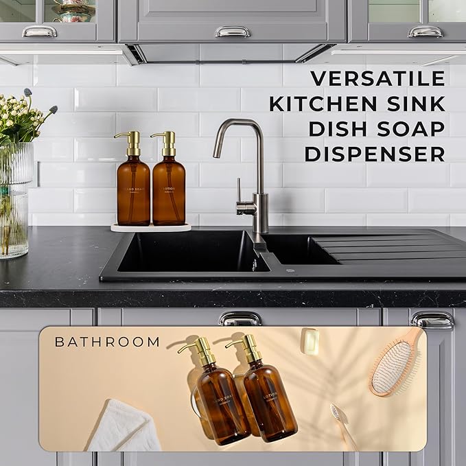MaisoNovo Soap Dispenser 3-Piece Set | 16.9oz Amber Bottles with Gold Stainless Steel Pump Core