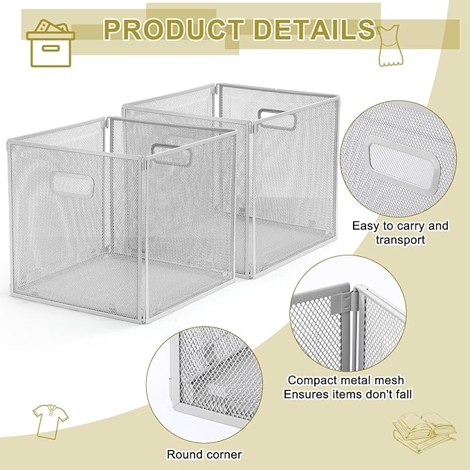 2 Pcs Foldable Metal Cube Storage Baskets 13x13 Kitchen Wire Baskets Stackable Mesh Laundry Organizer Bin with Handles for Shelves Kitchen Pantry Cabinets Closet Food (Gray)