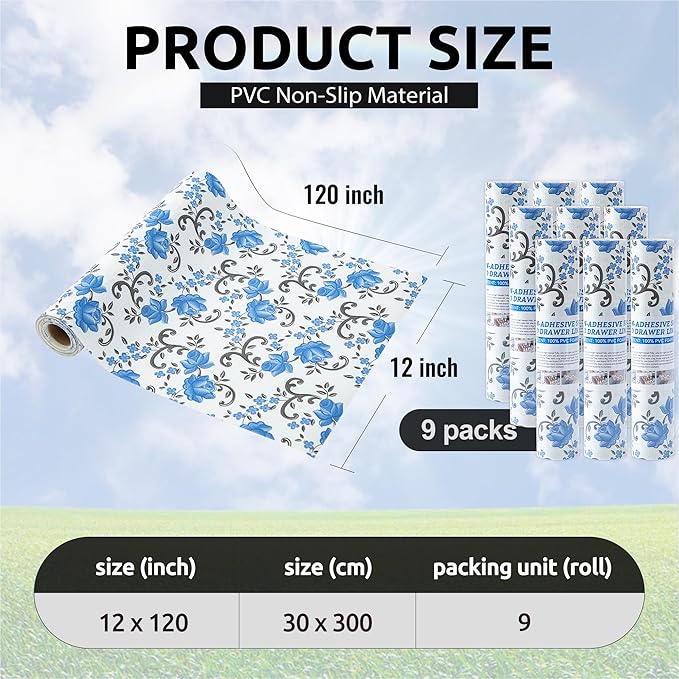 FIFTY FEET 12X120 Inch Shelf Liner for Kitchen Cabinets, PVC Drawer Liner for Dresser Non-Slip Bathroom, Non-Adhesive Cabinet Liner Washable (Blue Floral)(9 Roll)