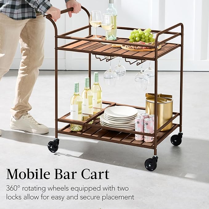 Best Choice Products Rolling Bar Cart, Mobile Home Bar Serving Cart, Serving Station w/ 2 Tier Shelves, Wine Rack, Lockable Wheels - Brown