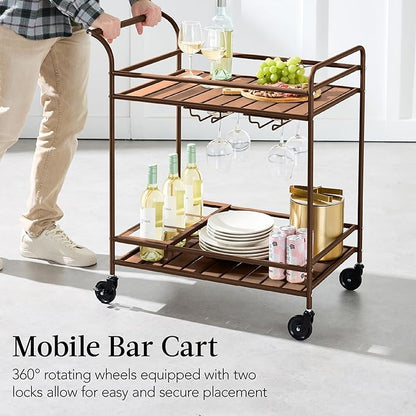 Best Choice Products Rolling Bar Cart, Mobile Home Bar Serving Cart, Serving Station w/ 2 Tier Shelves, Wine Rack, Lockable Wheels - Brown