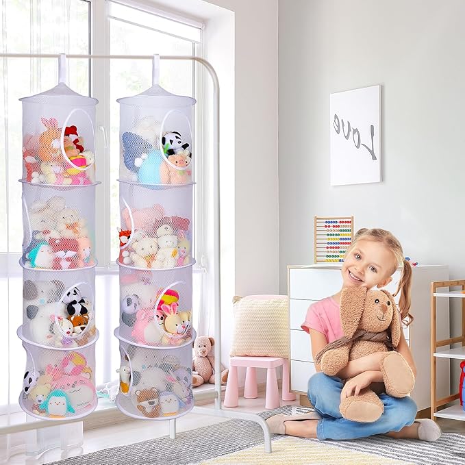 Basumee Stuffed Animals Net or Hammock 2 Pcs Stuffed Animals Storage Toy Net Hammock for Plushies Storage Organizer Mesh Kids Girls Room Decor, White, 4 Tiers