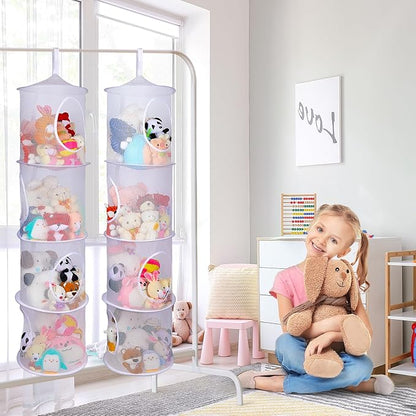 Basumee Stuffed Animals Net or Hammock 2 Pcs Stuffed Animals Storage Toy Net Hammock for Plushies Storage Organizer Mesh Kids Girls Room Decor, White, 4 Tiers