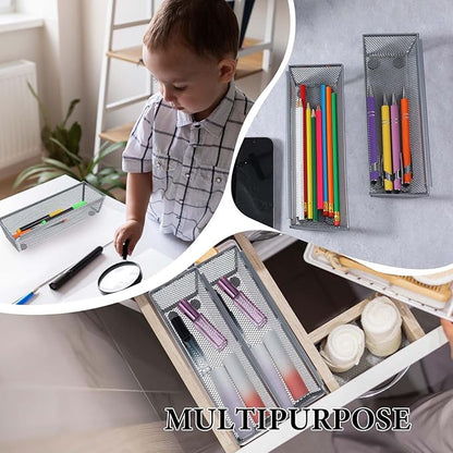 6 Pcs Mesh Silverware Drawer Organizer, Metal Drawer Organizer for Kitchen, Small Utensil Drawers Organizers with Interlocking Arm for Flatware, Knives, Spoons,Cosmetic (Silver 9 * 3 * 2 inch)