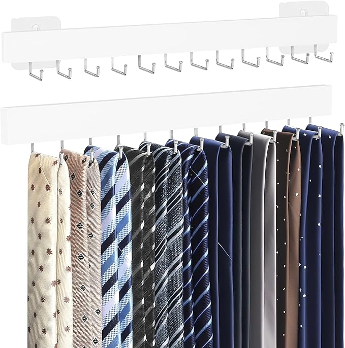 HOMEBROS Tie Rack Wall Mount, Adhesive Wooden Closet Tie Hanger with 24 Metal Hooks, Large Capacity, 2 Installation Options, White, 2 Pcs