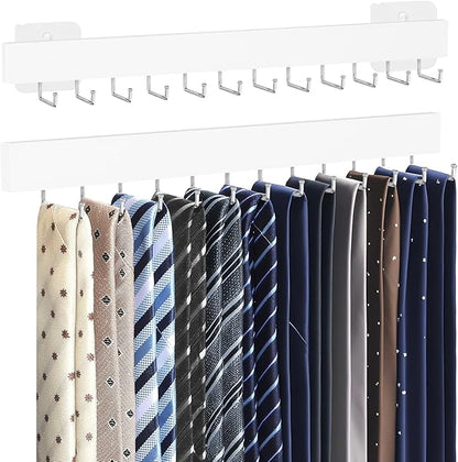 HOMEBROS Tie Rack Wall Mount, Adhesive Wooden Closet Tie Hanger with 24 Metal Hooks, Large Capacity, 2 Installation Options, White, 2 Pcs