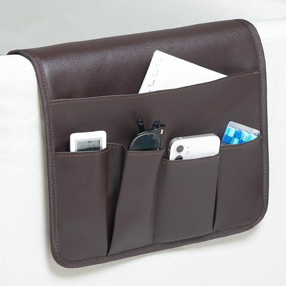 PU Leather Sofa Armrest Organizer, Armchair Magazine Holders, Waterproof Remote Holder for Recliner Couch with 1 Large Pocket, 4 Small Pockets for Magazine, Remote, Phone, Ipad, Books (brown)