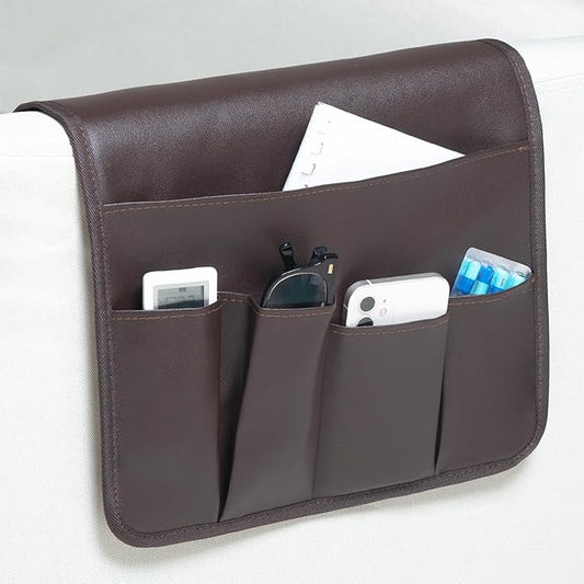 PU Leather Sofa Armrest Organizer, Armchair Magazine Holders, Waterproof Remote Holder for Recliner Couch with 1 Large Pocket, 4 Small Pockets for Magazine, Remote, Phone, Ipad, Books (brown)