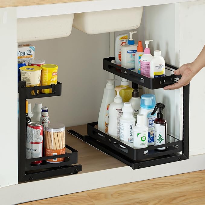 Basicwise Adjustable Height Under Sink Pull-Out Organizer 2-Tier Sliding Shelf Rack Heavy-Duty Mesh Baskets for Kitchen & Bathroom Cabinets Ideal for Tall Bottles Cleaning Supplies & Tight Spaces