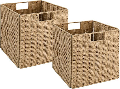 Vagusicc Wicker Storage Basket, Set of 2 Hand-Woven Wicker Basket, 11 inch Storage Baskets for Organizing and Decor, Foldable Cube Storage Organizer Bins Baskets for Shelves, Woven Basket, Natural
