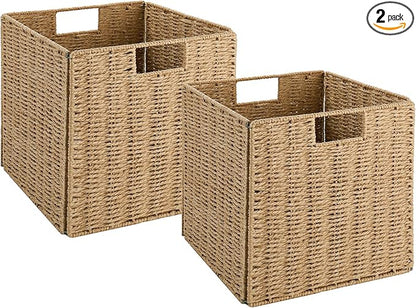 Vagusicc Wicker Storage Basket, Set of 2 Hand-Woven Storage Baskets for Shelves with Handles Foldable Cube Storage Baskets Bins, 9 inch Wicker Baskets for Pantry Bedroom Organizer &Decor, Natural