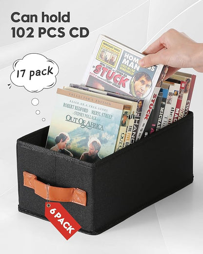 6 Pack DVD Storage Box, DVD Organizer Holds Up to 102 DVDs, Foldable DVD Holder, Large CD Storage Case