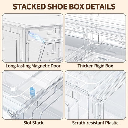 TOFWOF 6 Pack XX Large Shoe Organizer, Heavy-Duty Hard Thicken Plastic Clear Stackable Shoe Storage Box Organizer for Closet, Space-Saving Shoe Rack Display Case Bin Containers for Sneakers, Clear