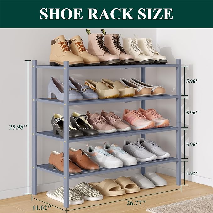 Smiry Bamboo Shoe Rack 4-Tier, Stackable Wooden Shoe Organizer for Entryway & Closet, Free Standing Wood Shoe Storage Shelf for Front Door & Small Spaces, Grey