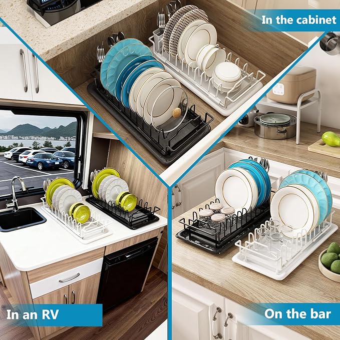 ouimei Sink Dish Drying Rack - Expandable Over Sink (15"-20" Fit), Diatomaceous Earth Tray for No-Drain Drying! Compact Dish Drainer for Small Kitchens, Apartments & RVs(Black)