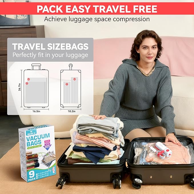 VACKFOX Travel Vacuum Storage Bags with USB and TYPE C Pump, 9 Pack Carry-On Size Compression Packing Bags for Luggage and Suitcase, Space Saver for Clothes and Clothing Travel（Red）