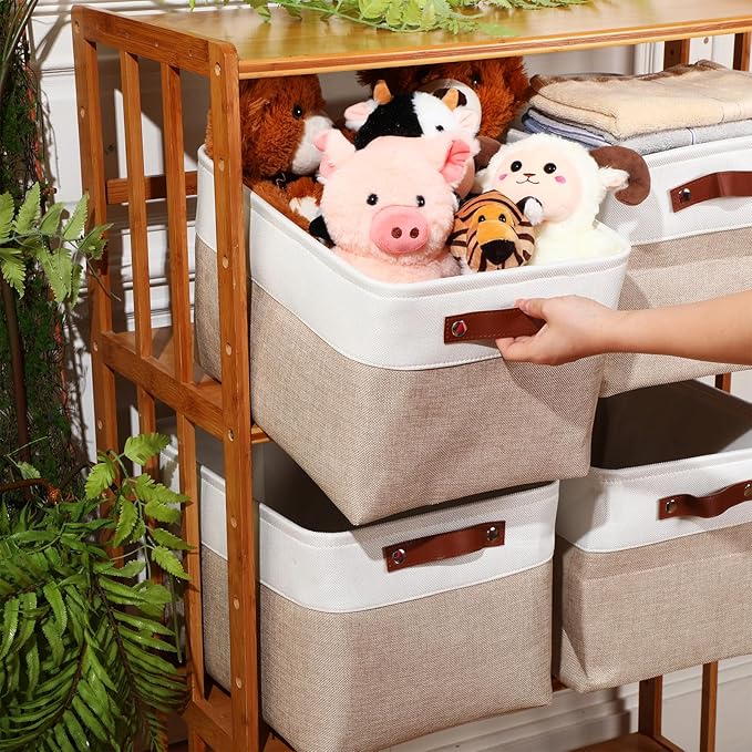 Uiifan 10 Pcs Collapsible Storage Bins Fabric Foldable Storage Basket with Handles Cloth Organizer Linen Shelf Baskets for Shelves Home Closet Nursery Toys(16 x 12 x 10 Inch,Beige and White)