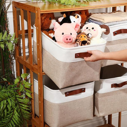 Uiifan 10 Pcs Collapsible Storage Bins Fabric Foldable Storage Basket with Handles Cloth Organizer Linen Shelf Baskets for Shelves Home Closet Nursery Toys(16 x 12 x 10 Inch,Beige and White)