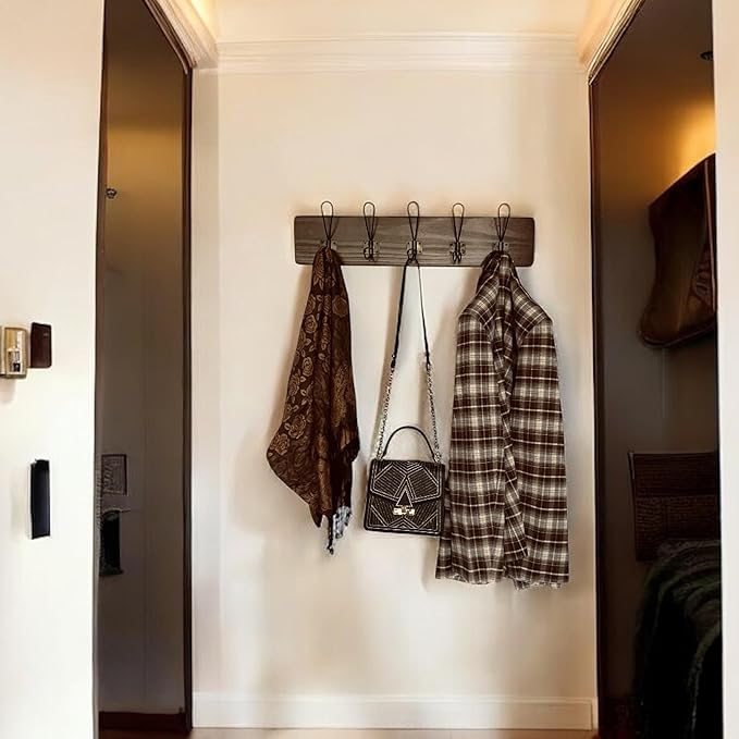 Wooden Coat Rack Wall Mount, 24" Pine with 5 Heavy Duty Antique Gold Hooks, Distressed Espresso Rustic Farmhouse for Entryway, Hallway, Bathroom, or Bedroom