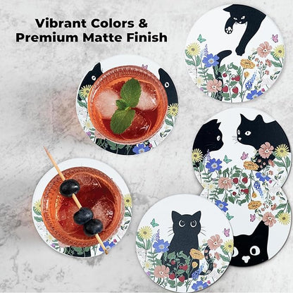 SHIYUE 6 Pack Curious Cat Coasters with Holder, Absorbent Ceramic Coasters, Drinks Coffee Table Home Decor Housewarming Gift, 4 Inches(Colorful Flower)
